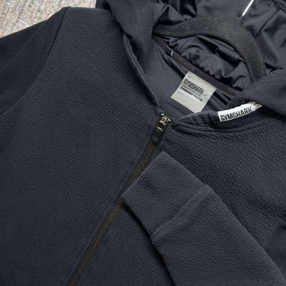 Gymshark Waffle Zip Hoodie Women's Small Black Cropped Full Zip Drawcord Hem